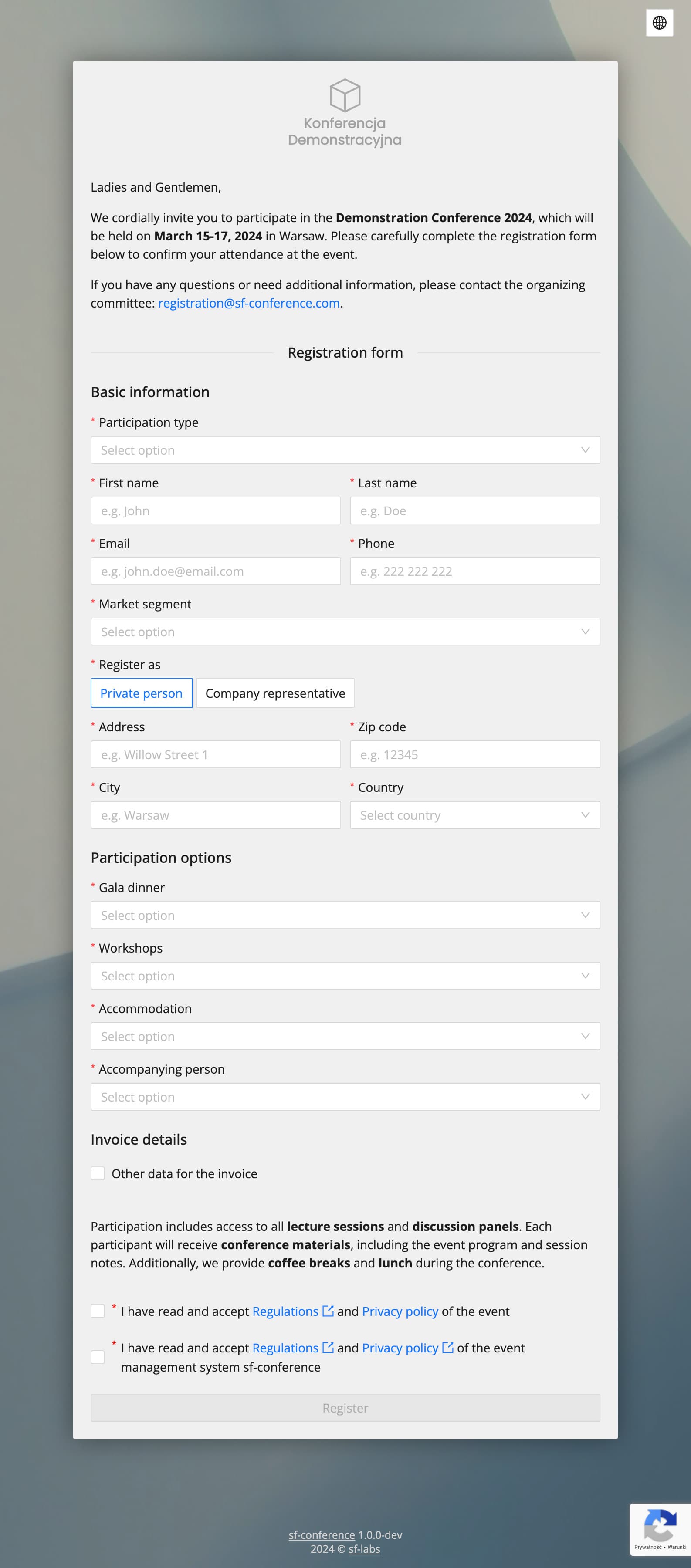 Sample registration form