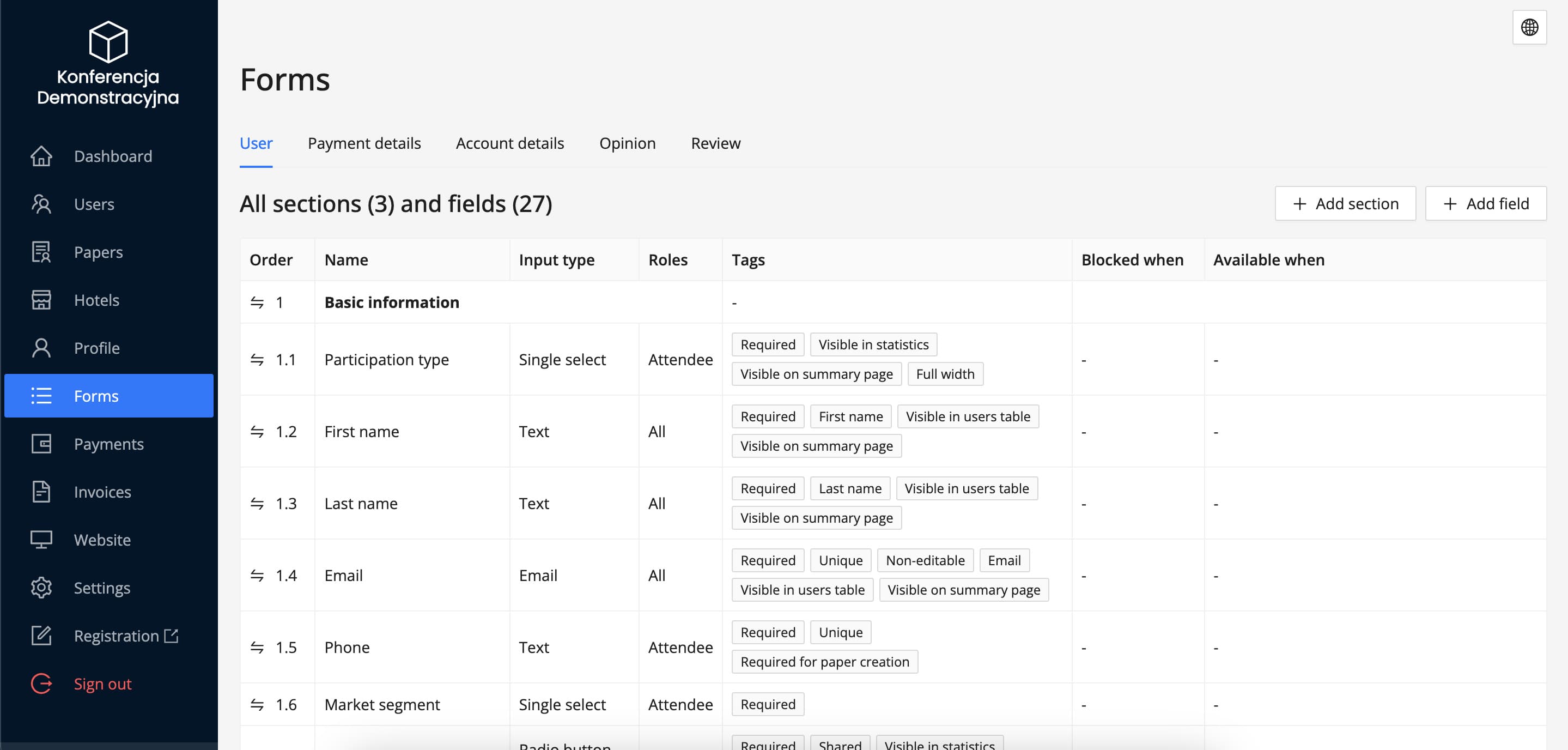 Section and form field management panel