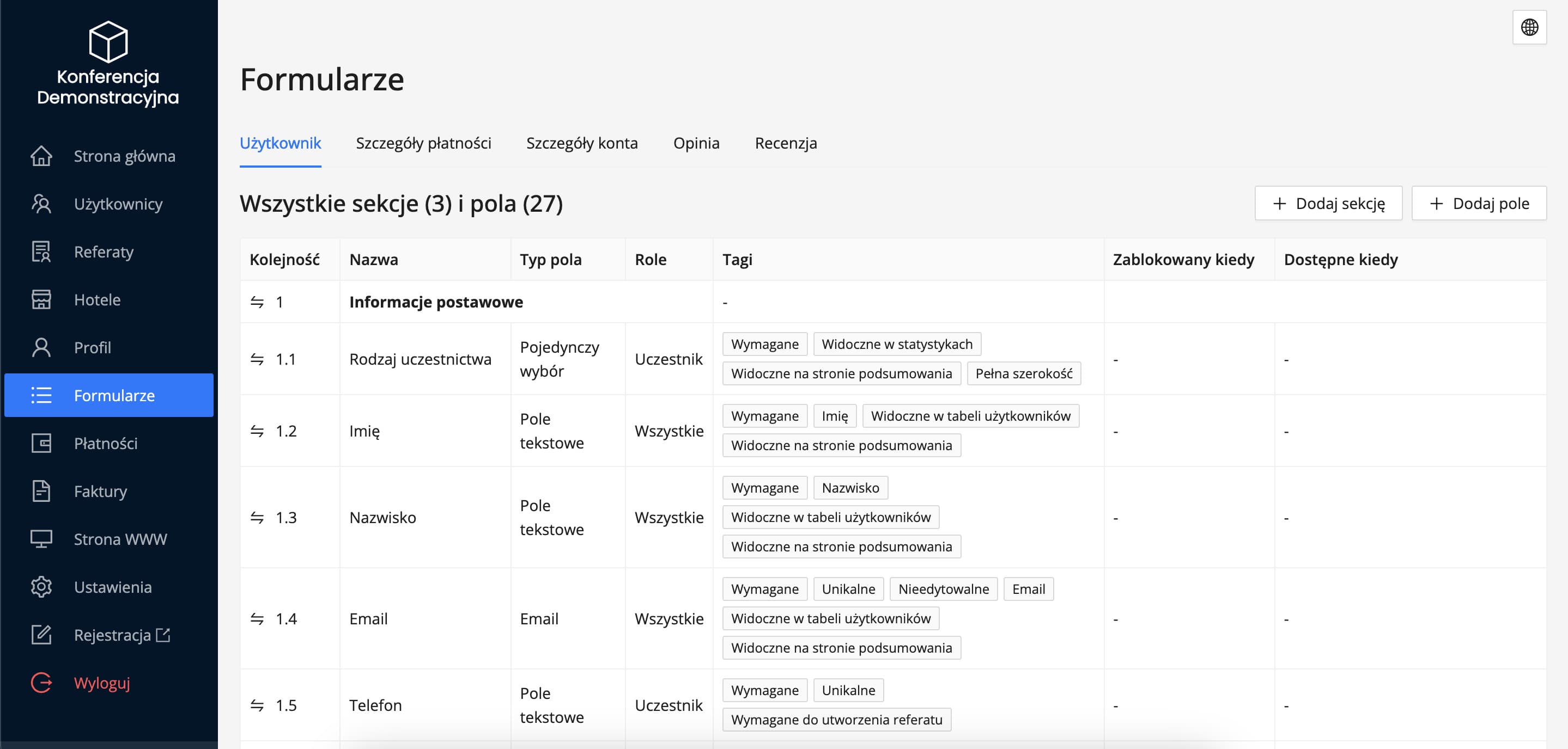 Panel zarządzania sekcjami i polami formularzy