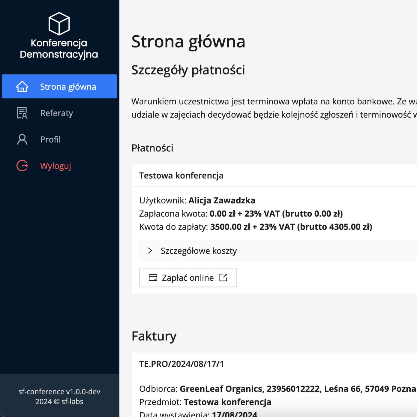 Strona główna panelu uczestnika po zalogowaniu