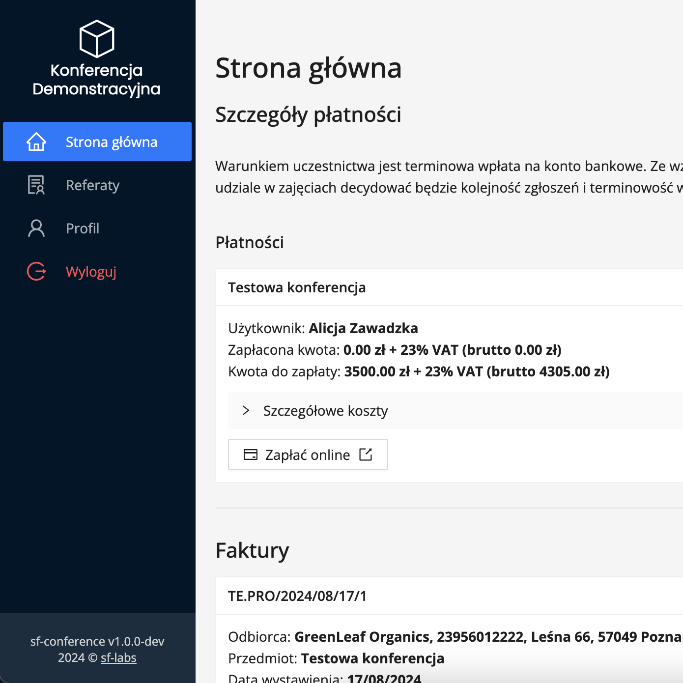 Strona główna panelu uczestnika po zalogowaniu