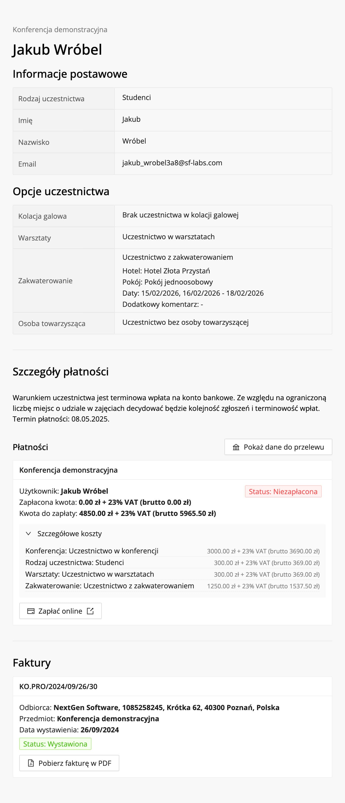 Strona podsumowania uczestnictwa dla uczestnika