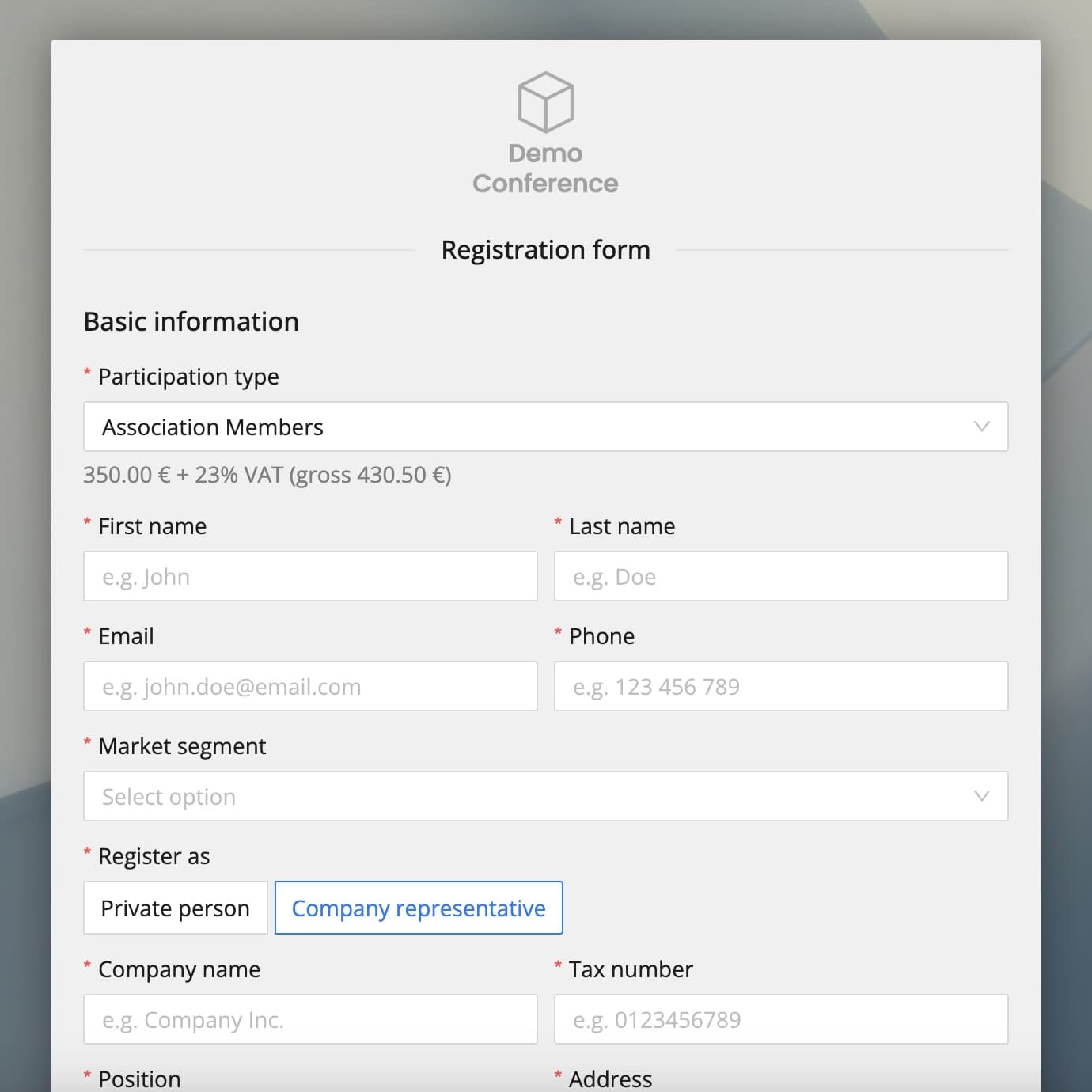 Sample registration form