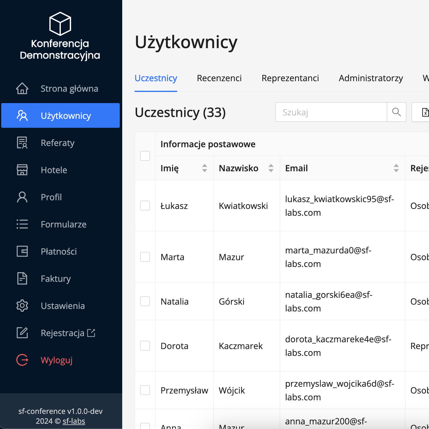 Tabela zarejestrowanych uczestników