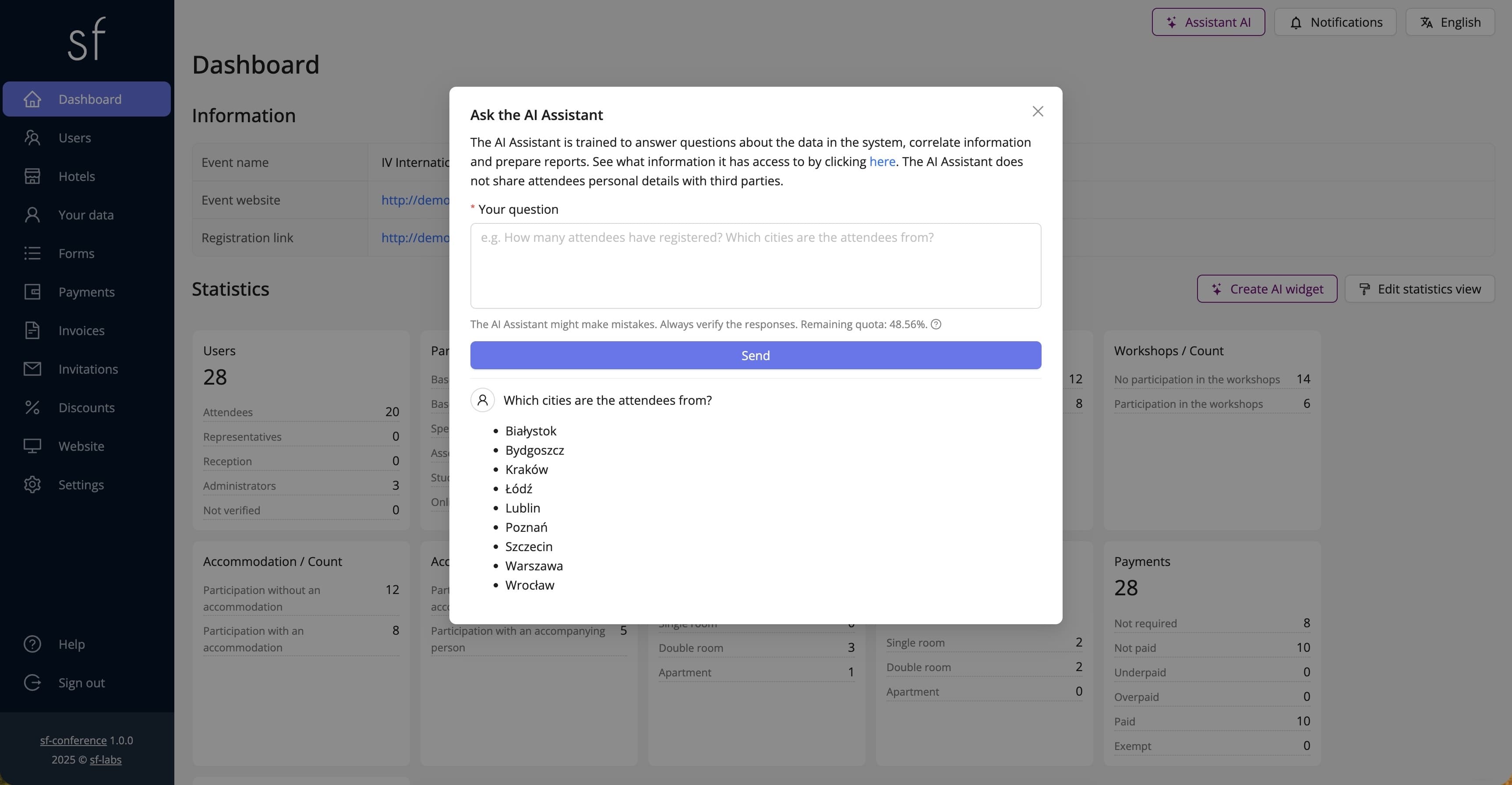 Sample statistics page (fictional data)