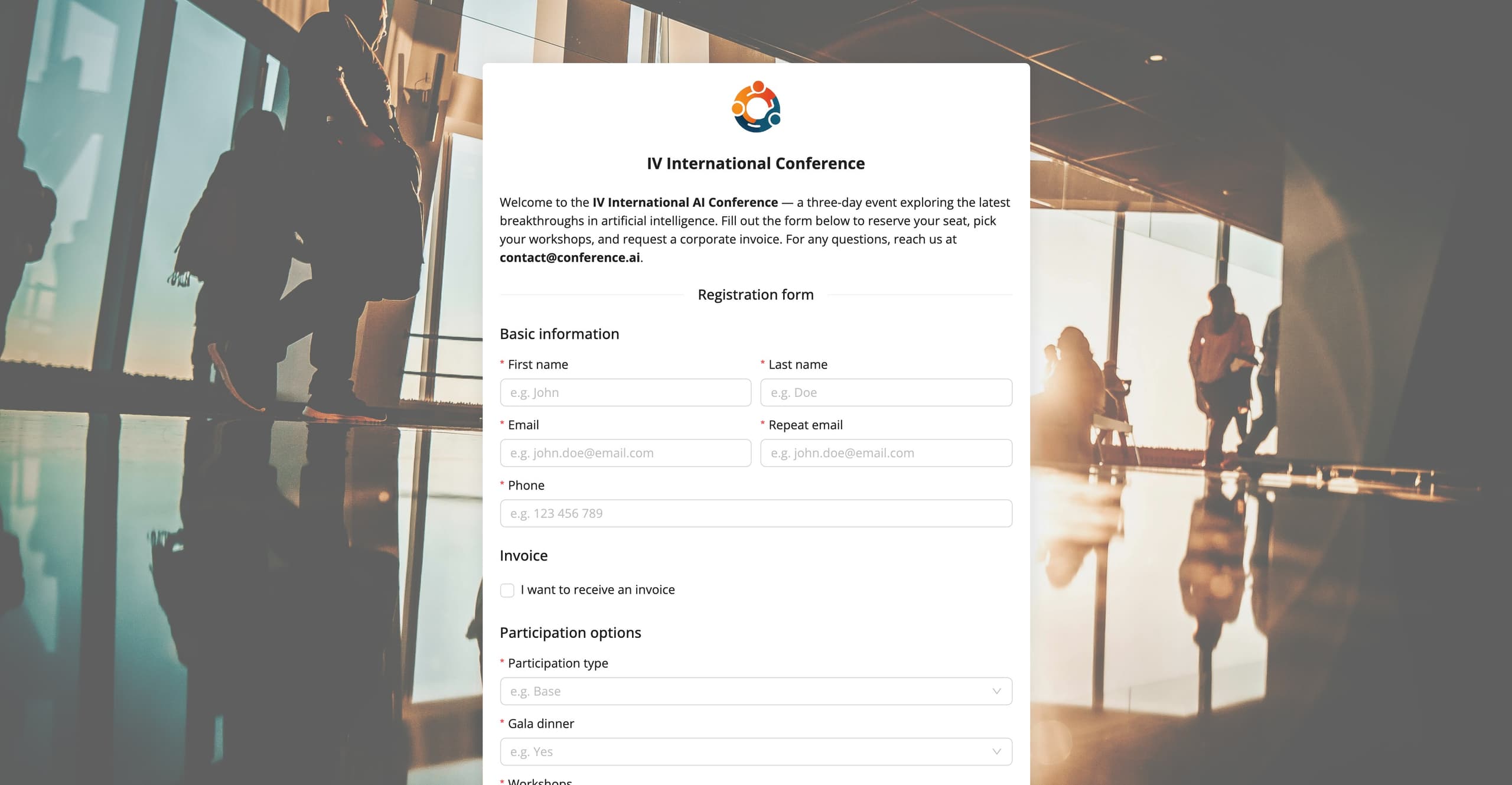 Sample registration form (fictitious data)