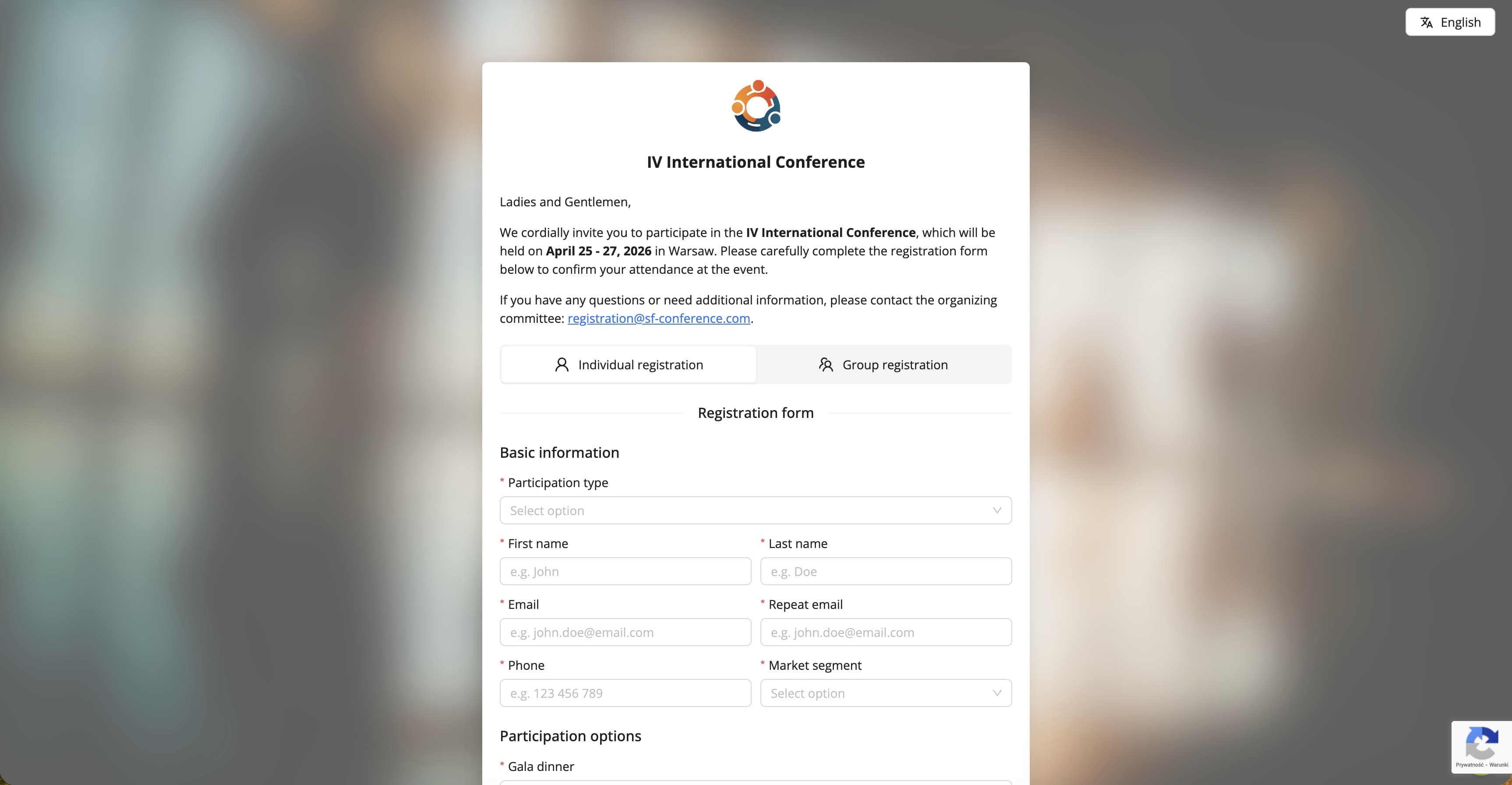 Sample registration form (fictitious data)