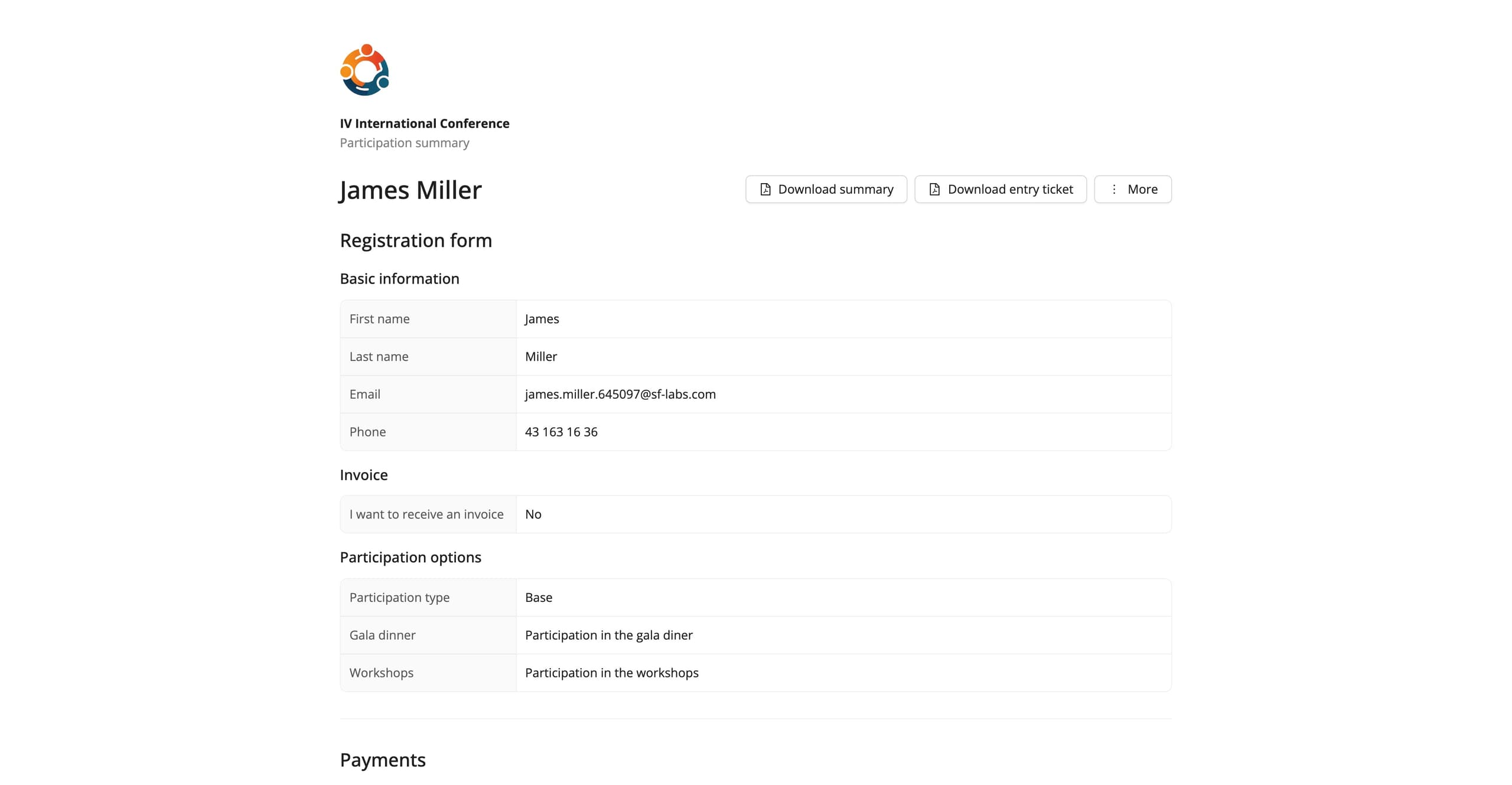 Sample participation summary page (fictional data)