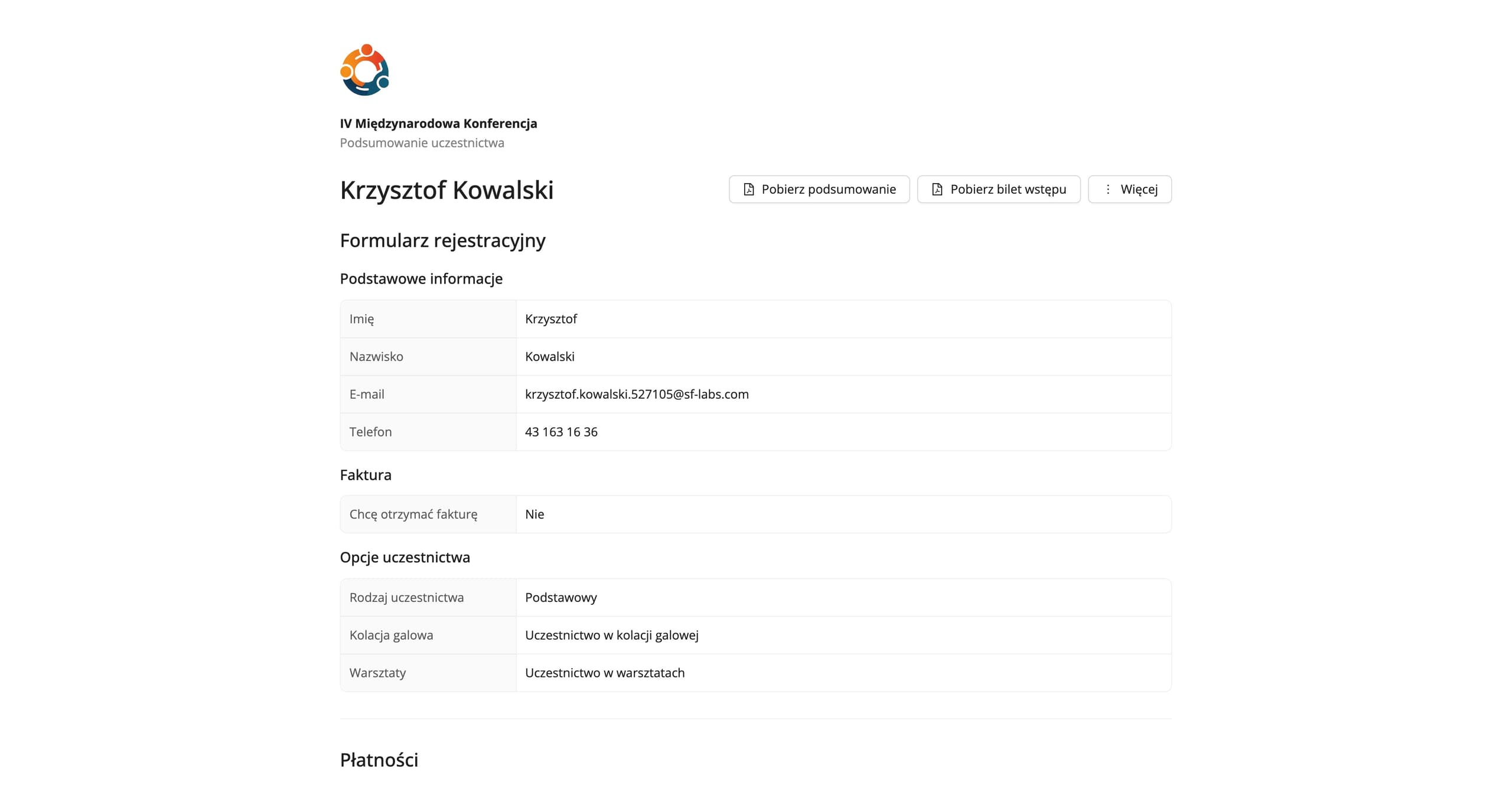 Przykładowa strona podsumowania uczestnictwa (dane fikcyjne)