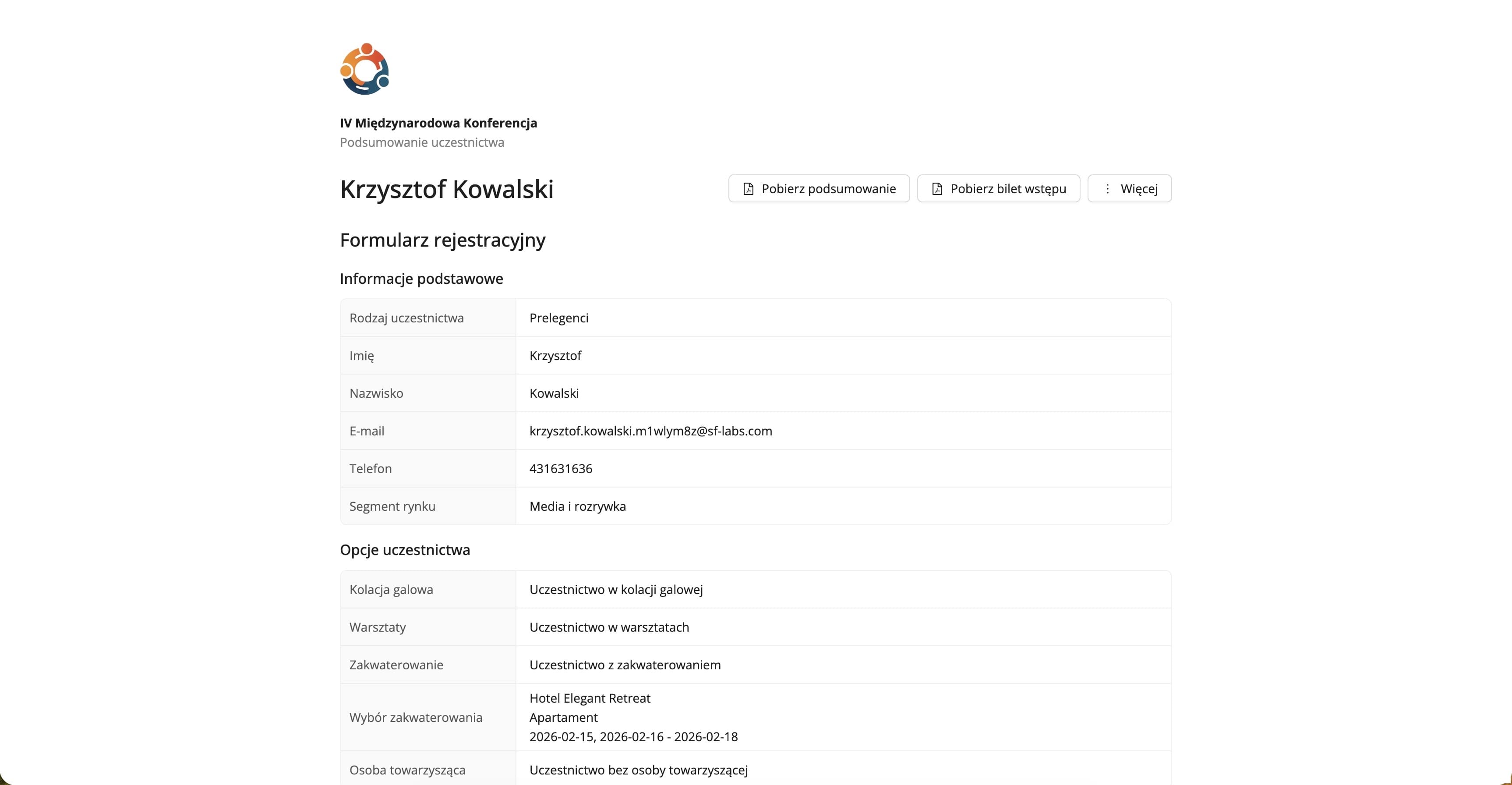 Przykładowa strona podsumowania uczestnictwa (dane fikcyjne)